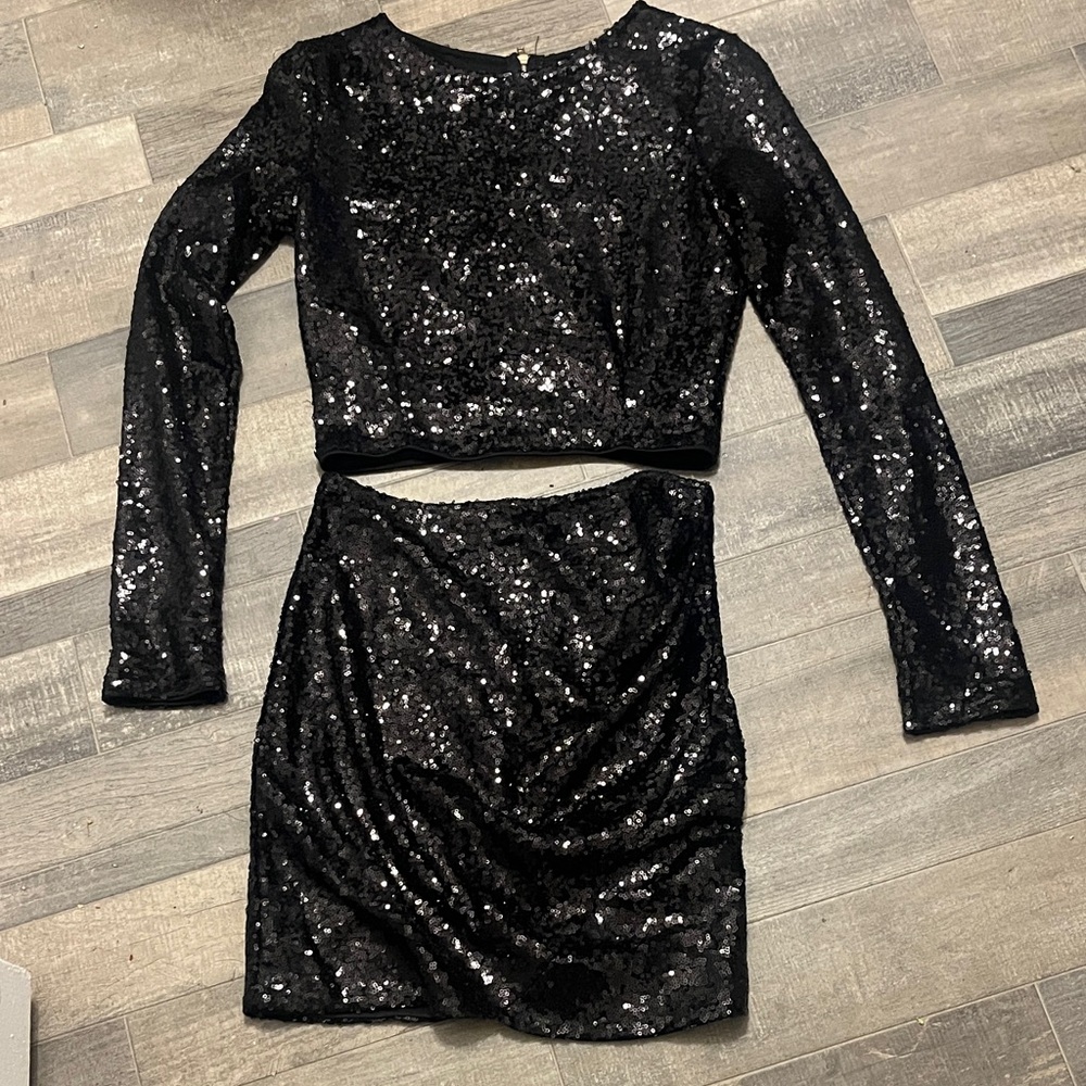 Revamped Black Sequin Long Sleeve Two-Piece Dress